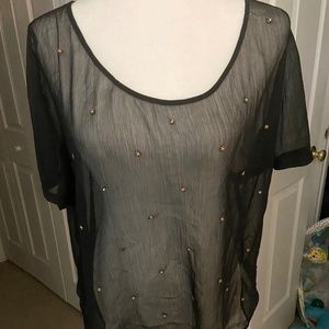 Sheer Navy Flower Bead Blouse